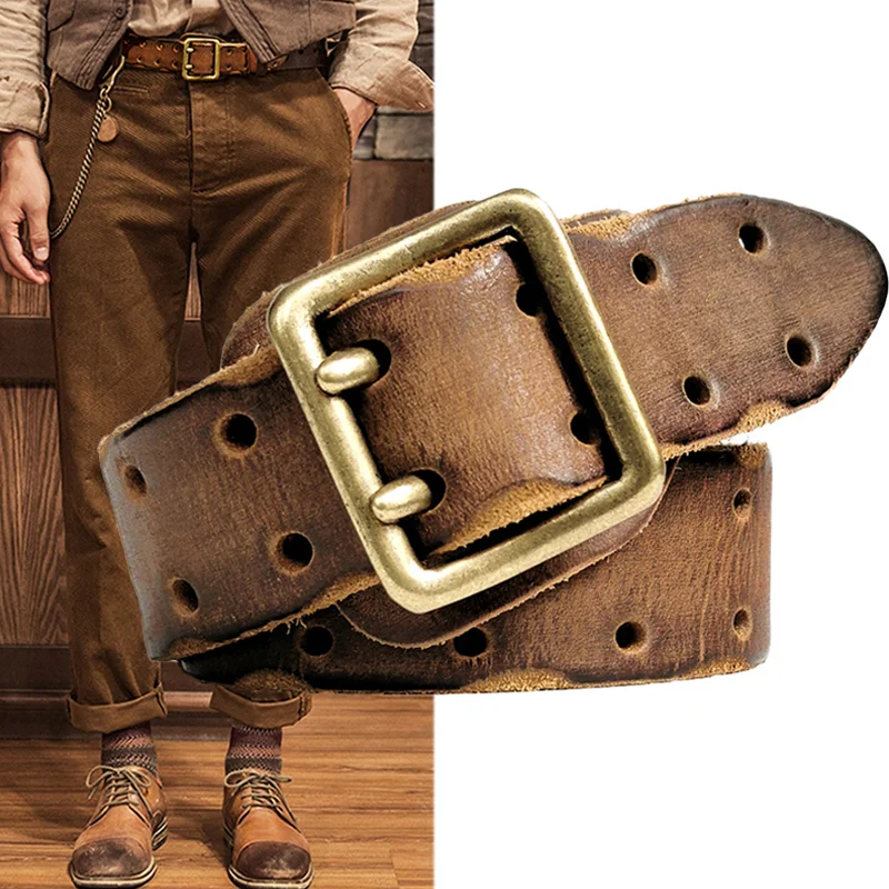 Retro Versatile Leather Double Needle Pure Copper Buckle Thickened Belt
