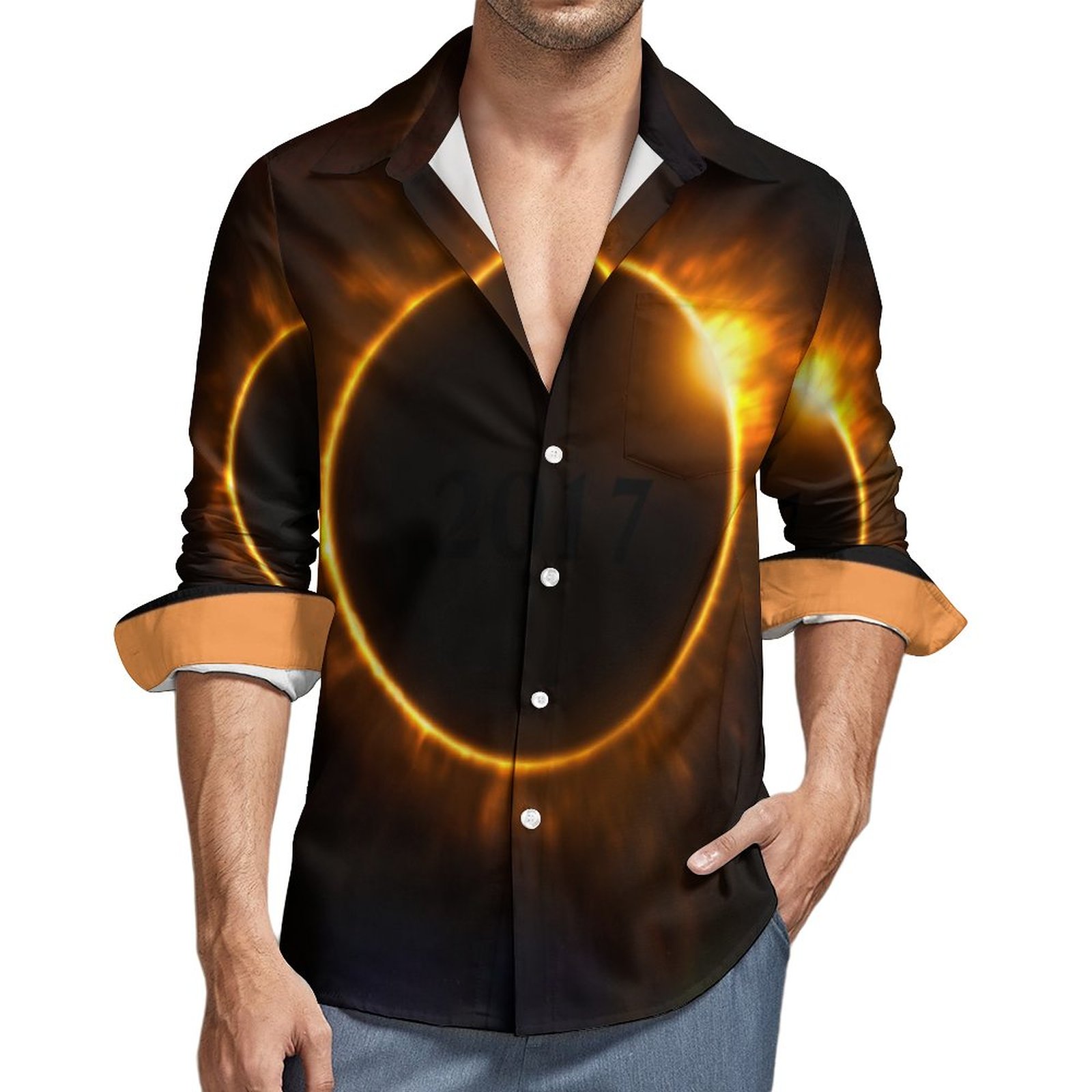 2017 Total Solar Eclipse ns Men's Casual Long Sleeve Button Down Pocket Shirt Gold-XS 2017 Total Solar Eclipse ns Men's Casual Long Sleeve Button Down Pocket Shirt Gold-XS
