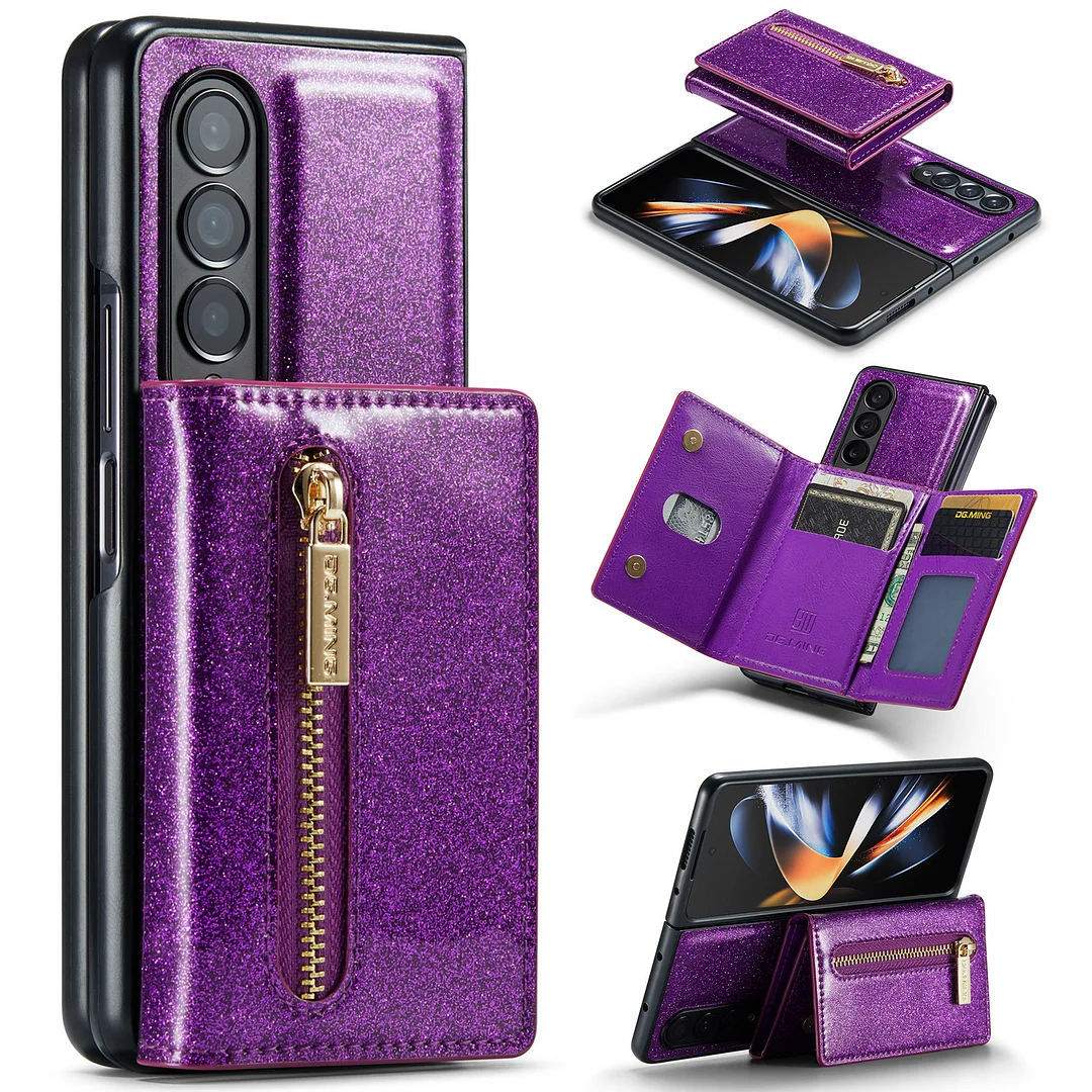 Glitter Detachable Magnetic Wallet Leather Phone Case With Cards Slot,Zipper Slot And Kickstand For Galaxy Z Fold3/Fold4