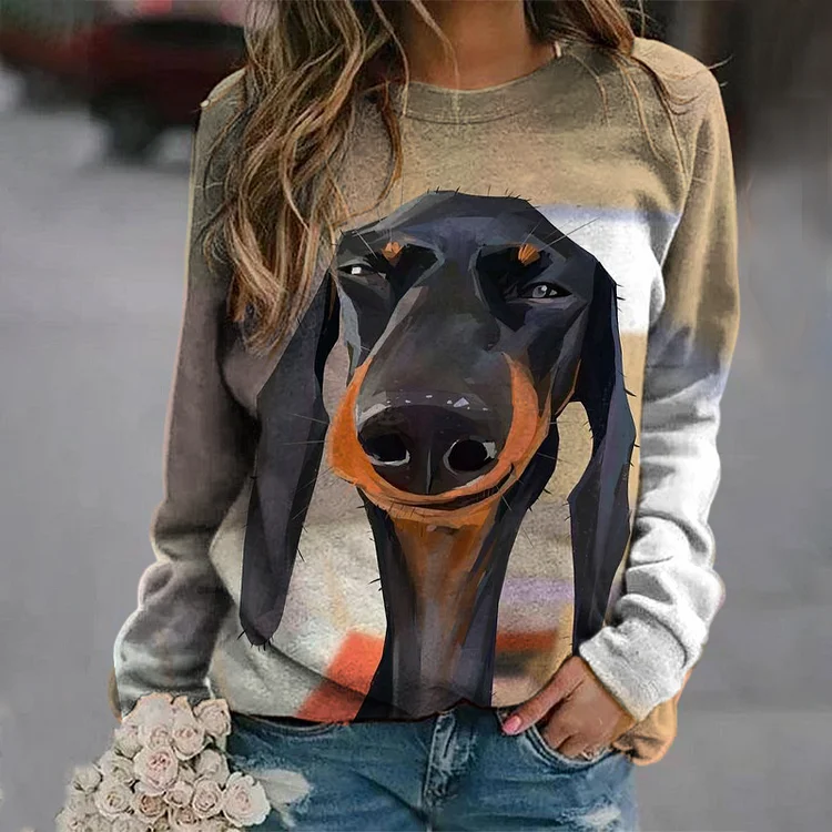 Vefave Dog Print Crew Neck Long Sleeve Casual Sweatshirt