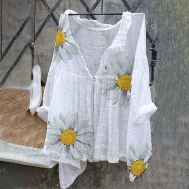 Comstylish Loose Cotton Linen Print One Button Top