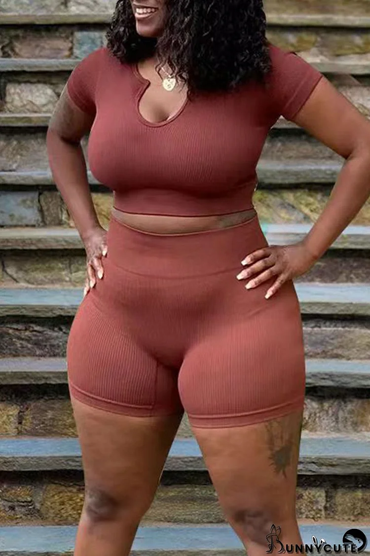Coffee Casual Solid Split Joint V Neck Plus Size Two Pieces