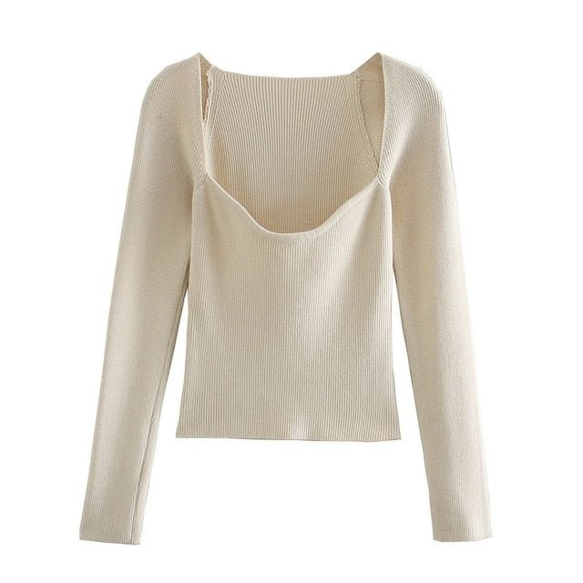 New Women Knit Sweater Top Long sleeve heart-neck Casual Fashion Woman Slim-fit Tight Knitted sweaters Pullover Tops - BlackFridayBuys