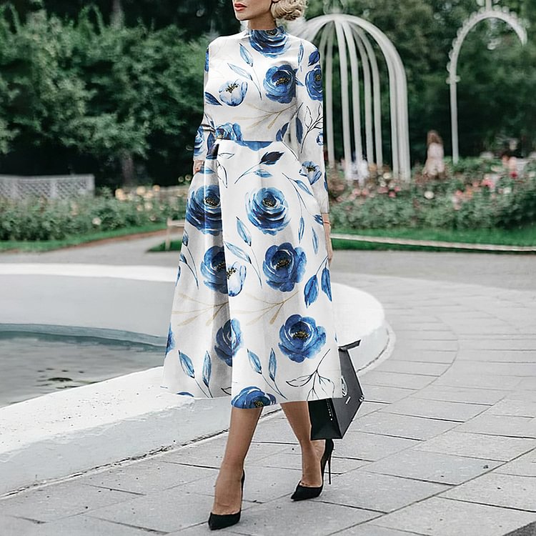 Floral Print Pocket Long Sleeve Elegant Midi Dress