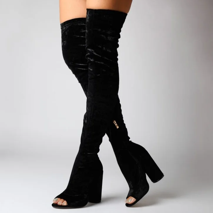 Black Velvet Chunky Heel Peep Toe Over The Knee Boots with Zipper |FSJ Shoes