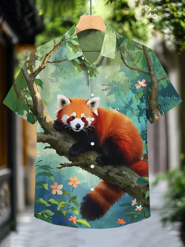 Men's Red Panda On The Tree Hawaii Art Print Casual Shirt