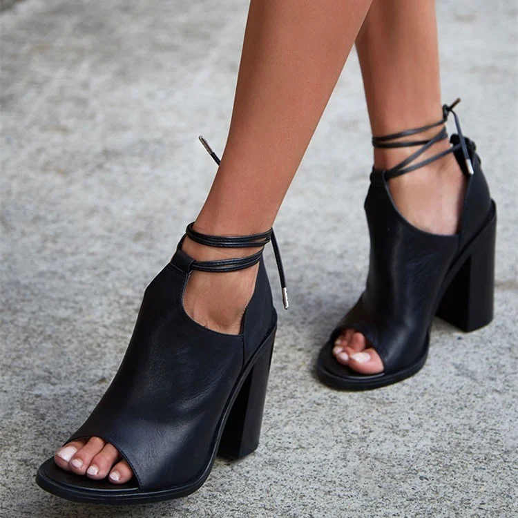 Black Cut Out Booties Open Toe Chunky Heel Strappy Ankle Boots |FSJ Shoes