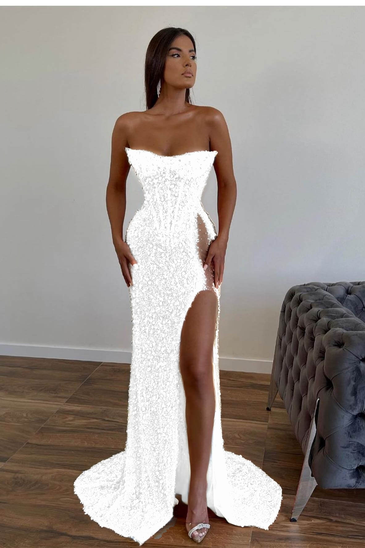 Daisda Gorgeous Sequins Mermaid Sweetheart Prom Dress Slit With Sleeveless Orange
