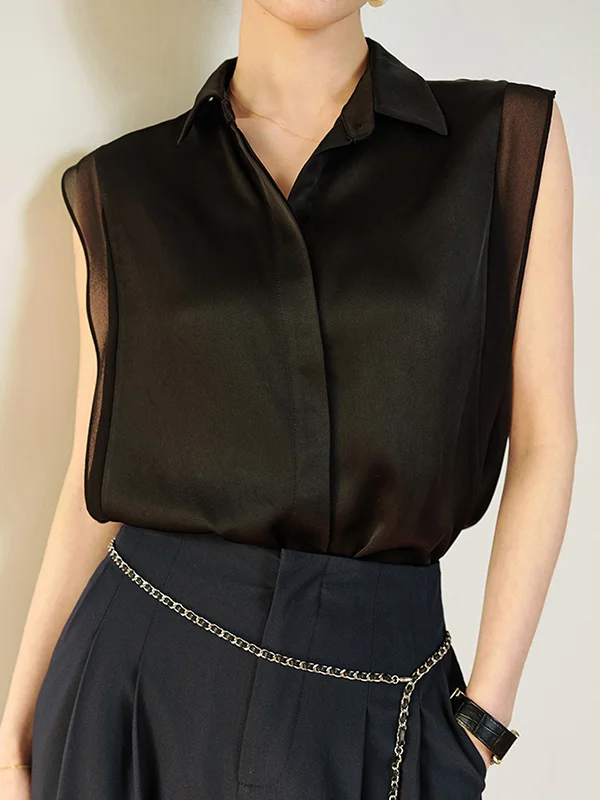 Buttoned Solid Color Split-Joint Loose Sleeveless Lapel Blouses&Shirts Tops