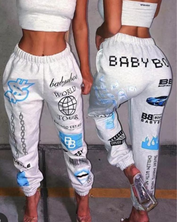 Letter & Graphic Print Dual Pocket Sports Pants For Women - Shop Trendy Women's Clothing | LoverChic