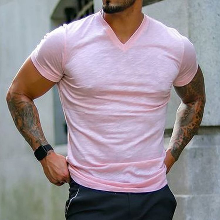 Men's Solid Color V-neck Casual Breathable T-Shirt