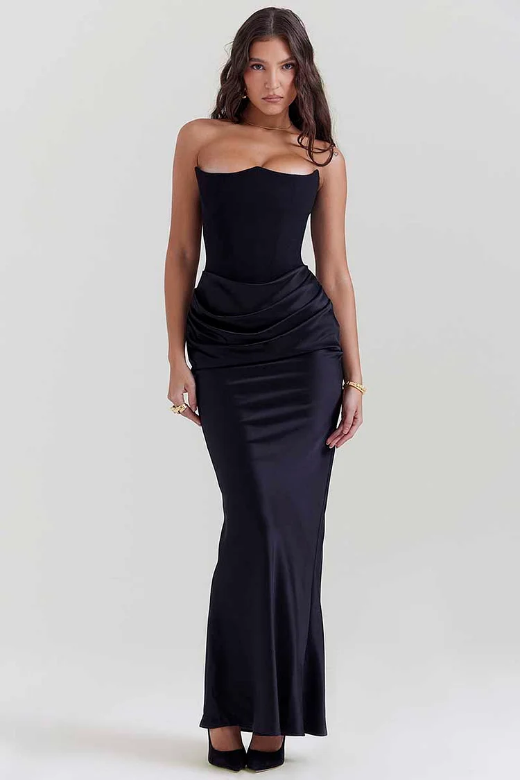 Elegant Strapless Patchwork Formal Party Fishtail Maxi Dresses-Black