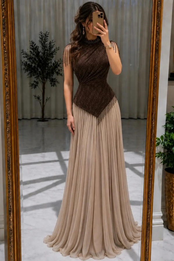 Lussooy Stunning High Neck Sleeveless Tassel Beading Pleated Long Prom Dress