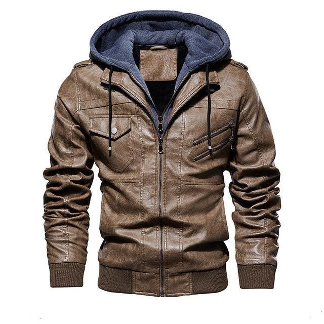 Men Motorcycle Leather Jackets Winter Fashion Casual Hooded Faux Jacket PU Leather Jackets Coats