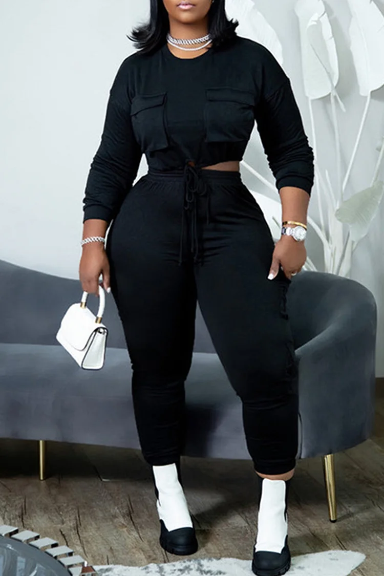 Black Fashion Casual Solid Bandage Split Joint O Neck Long Sleeve Two Pieces