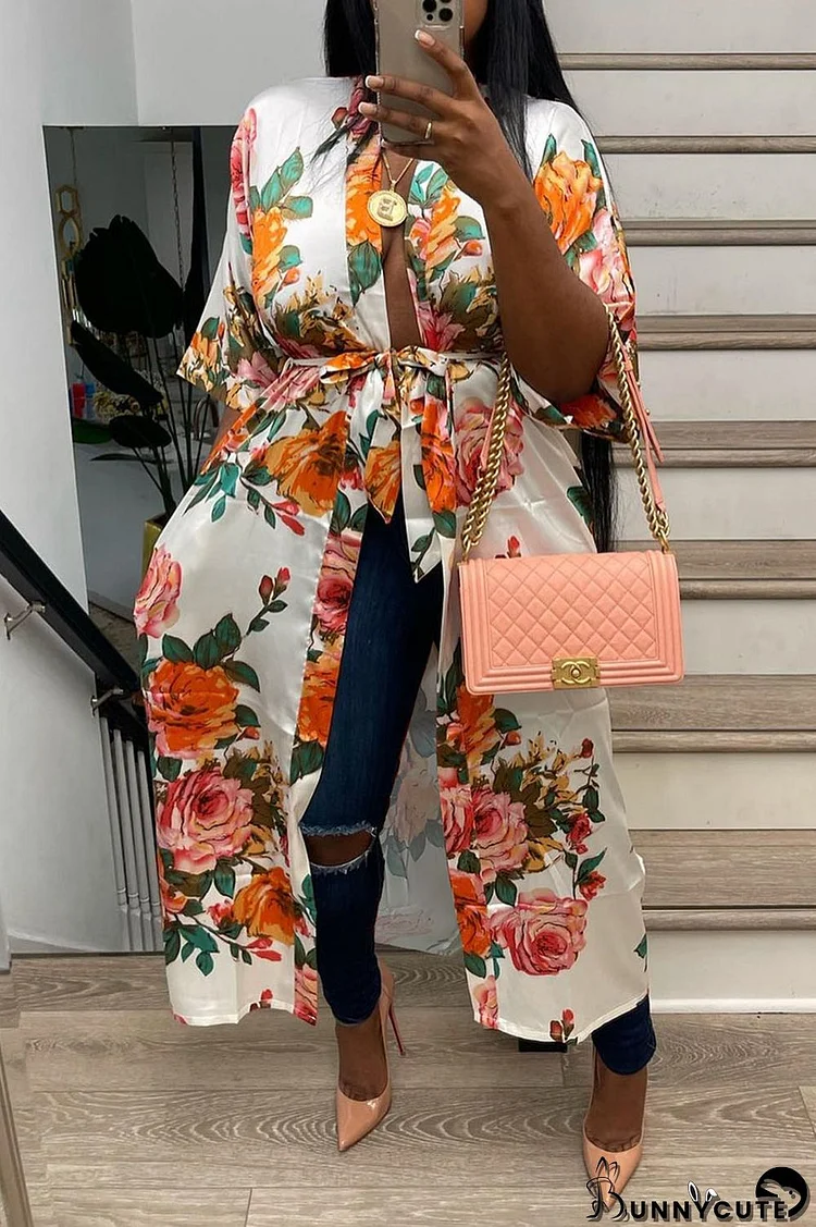 White Casual Print Bandage Split Joint Dresses