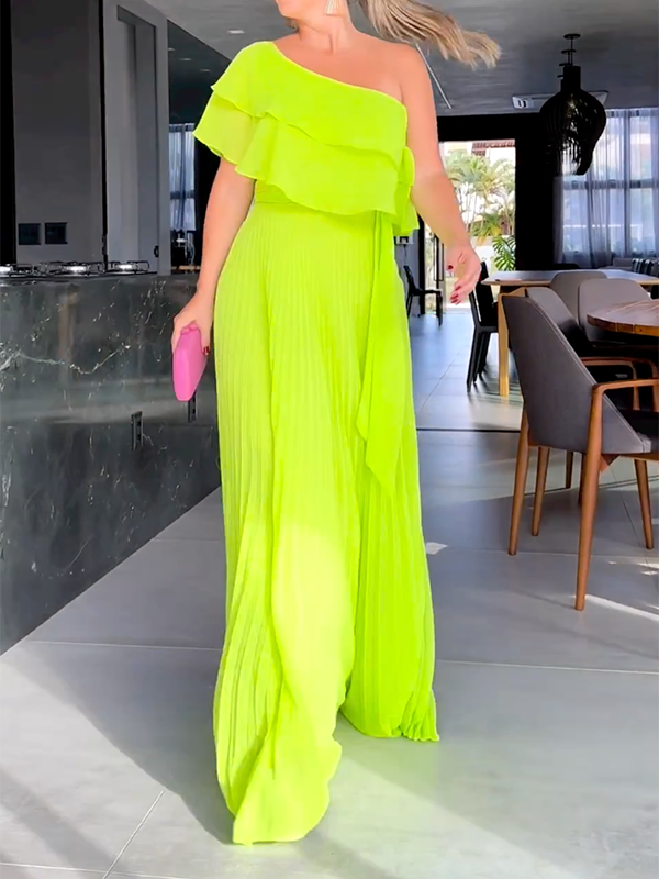 Asymmetric Fluorescent Split-Joint Loose One-Shoulder Maxi Dresses