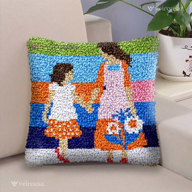 Mother and daughter holding hands Latch Hook Pillow Kit for Adult, Beginner and Kid veirousa