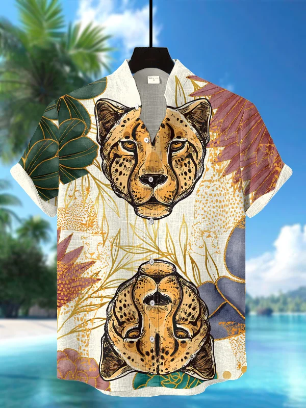 Men's Leopard Tropical Plants Art Print Short Sleeve Shirt