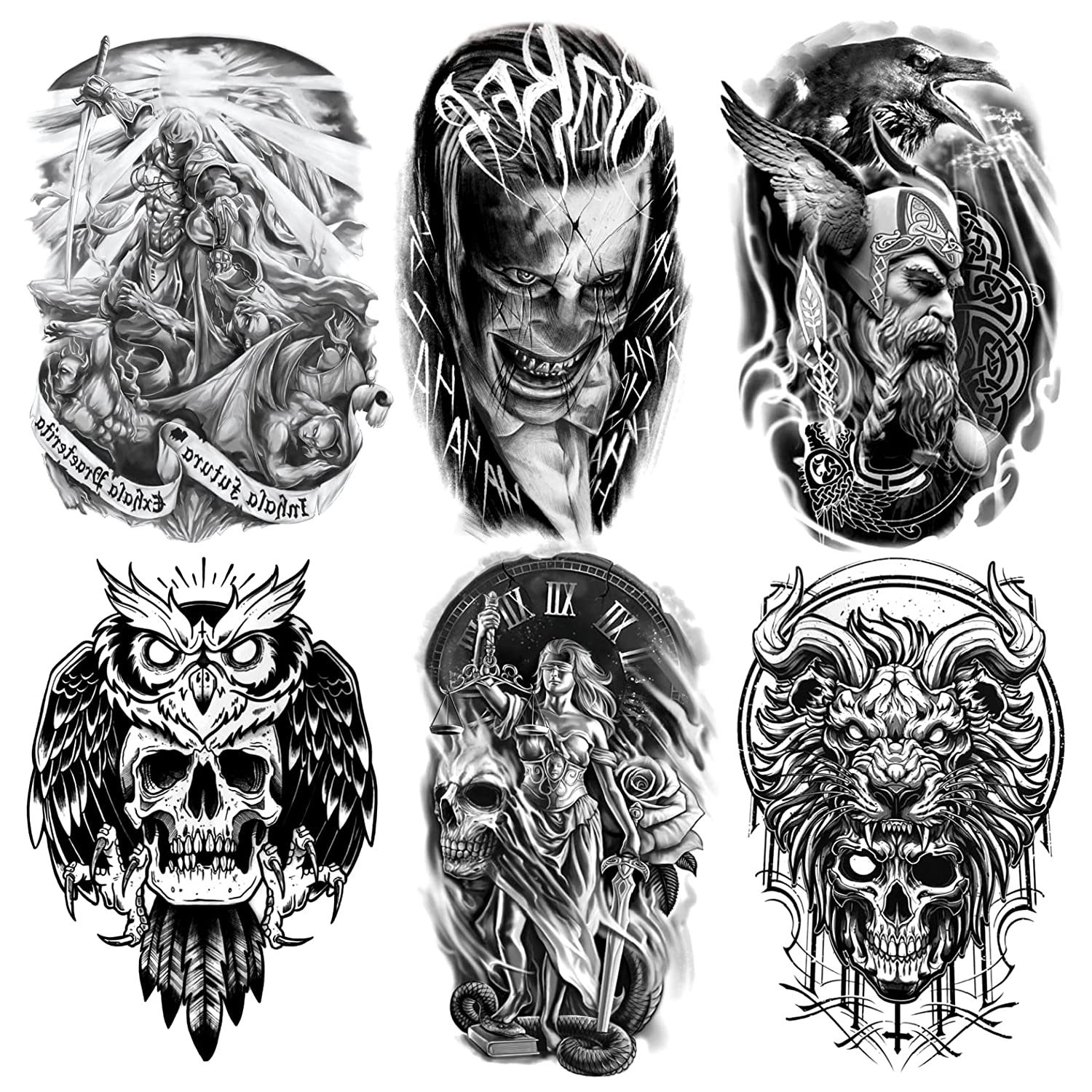 6 Sheets Large Arm Leg Temporary Tattoos - Black Totem Skull Owl Lion ...