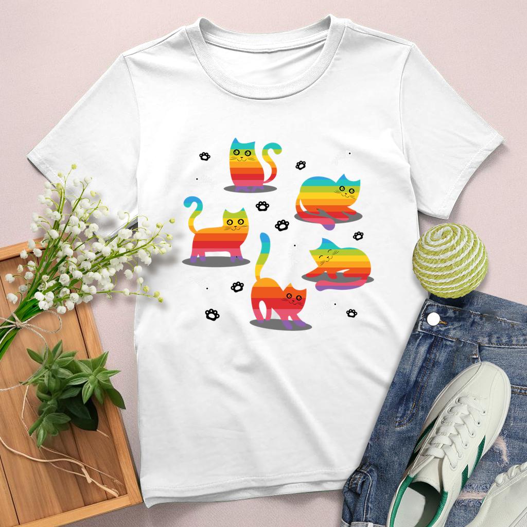 Rainbow cat and fish bones Round Neck T-shirt-0025233-Guru-buzz