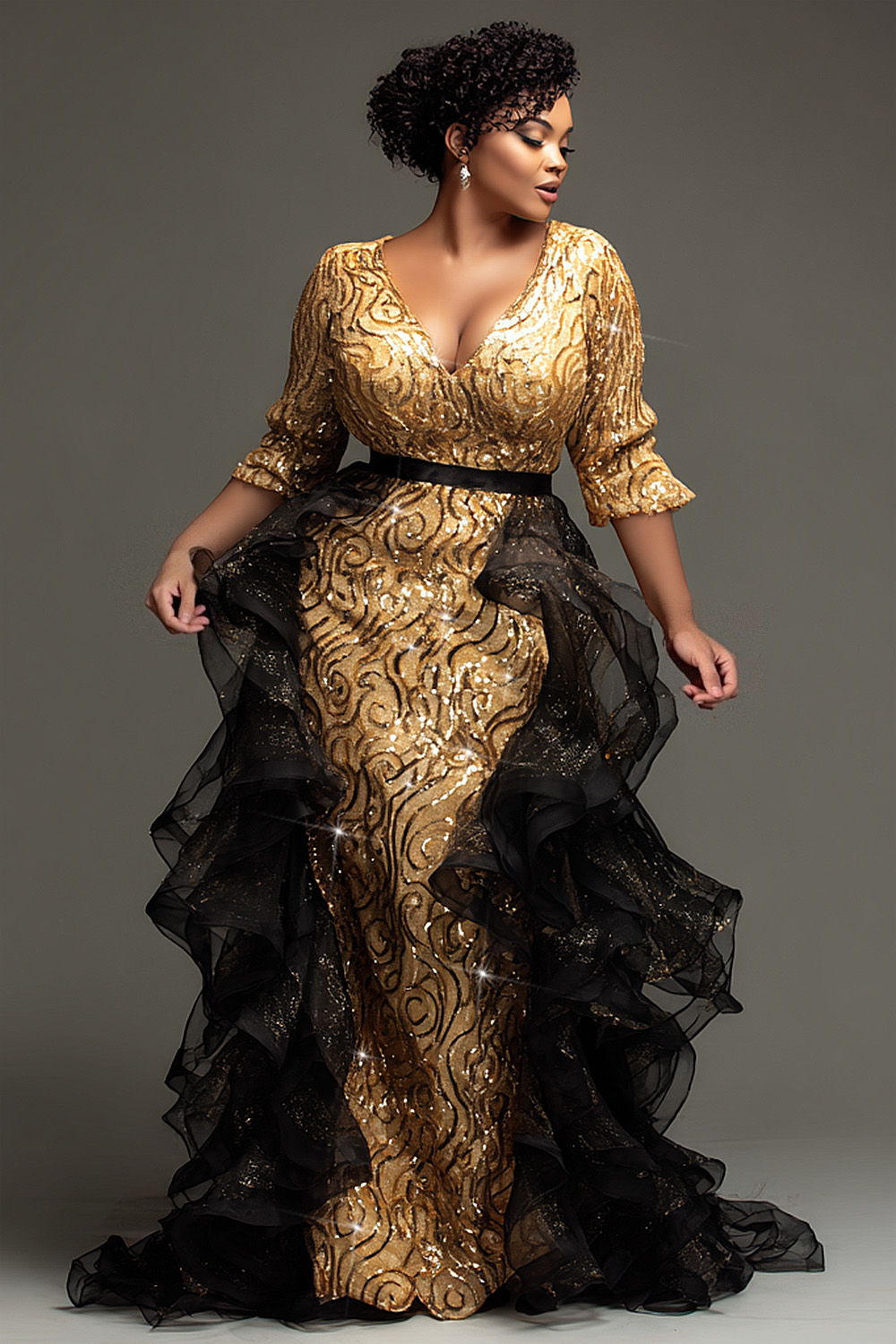 Xpluswear Design Plus Size Formal Gold V Neck 3/4 Sleeve Detachable  Overskirt Elegant Ruffle Tulle Sequin Maxi Dresses - Xpluswear.com