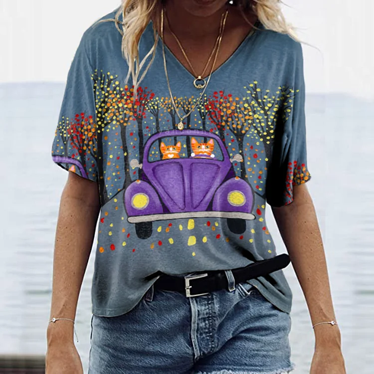 Vefave Casual Driving Cartoon Cat Print T-Shirt