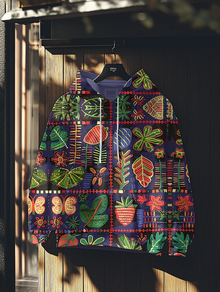 Men's Hippie Plant Stitching Art Print Hooded Sweatshirt