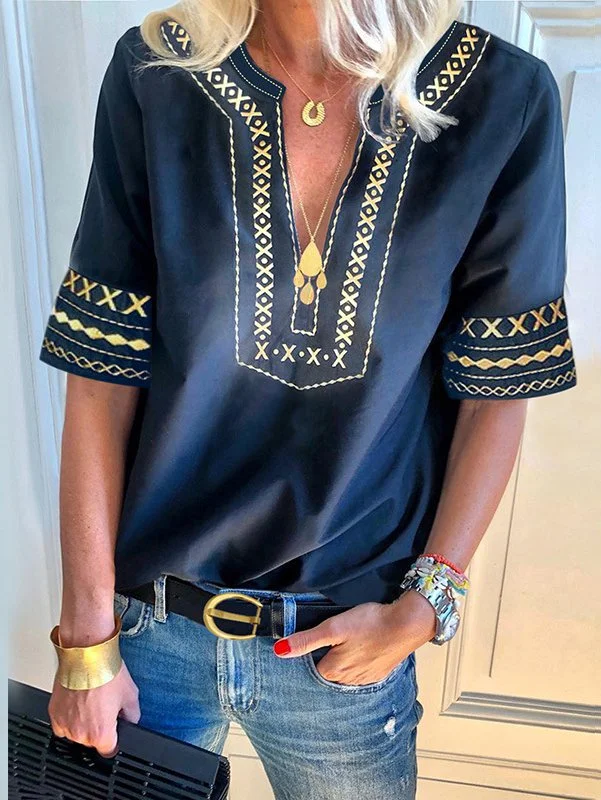 Boho V Neck Short Sleeve Embroidery Holiday T-Shirts & Tops Zaesvini