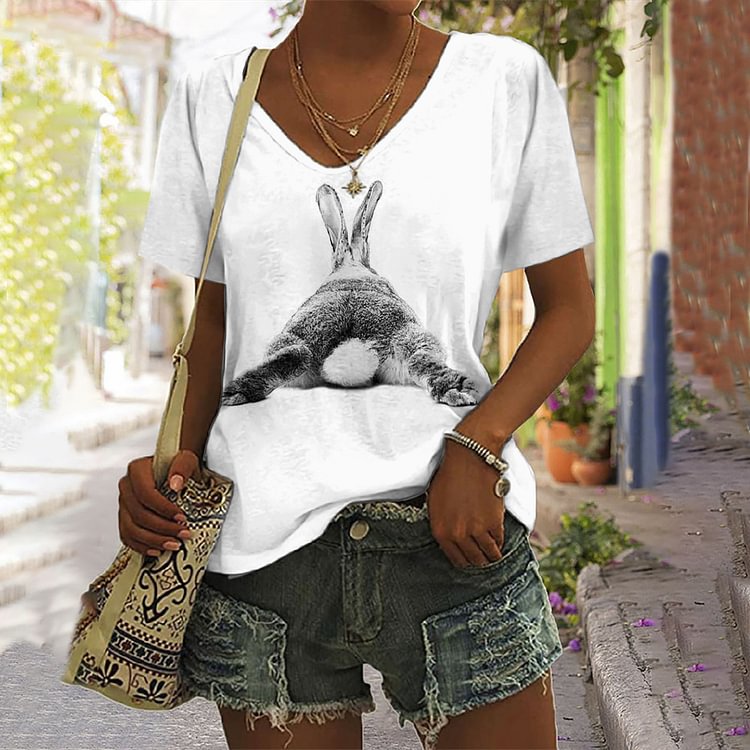 VChics Rabbit Print V Neck Short Sleeve T-Shirt