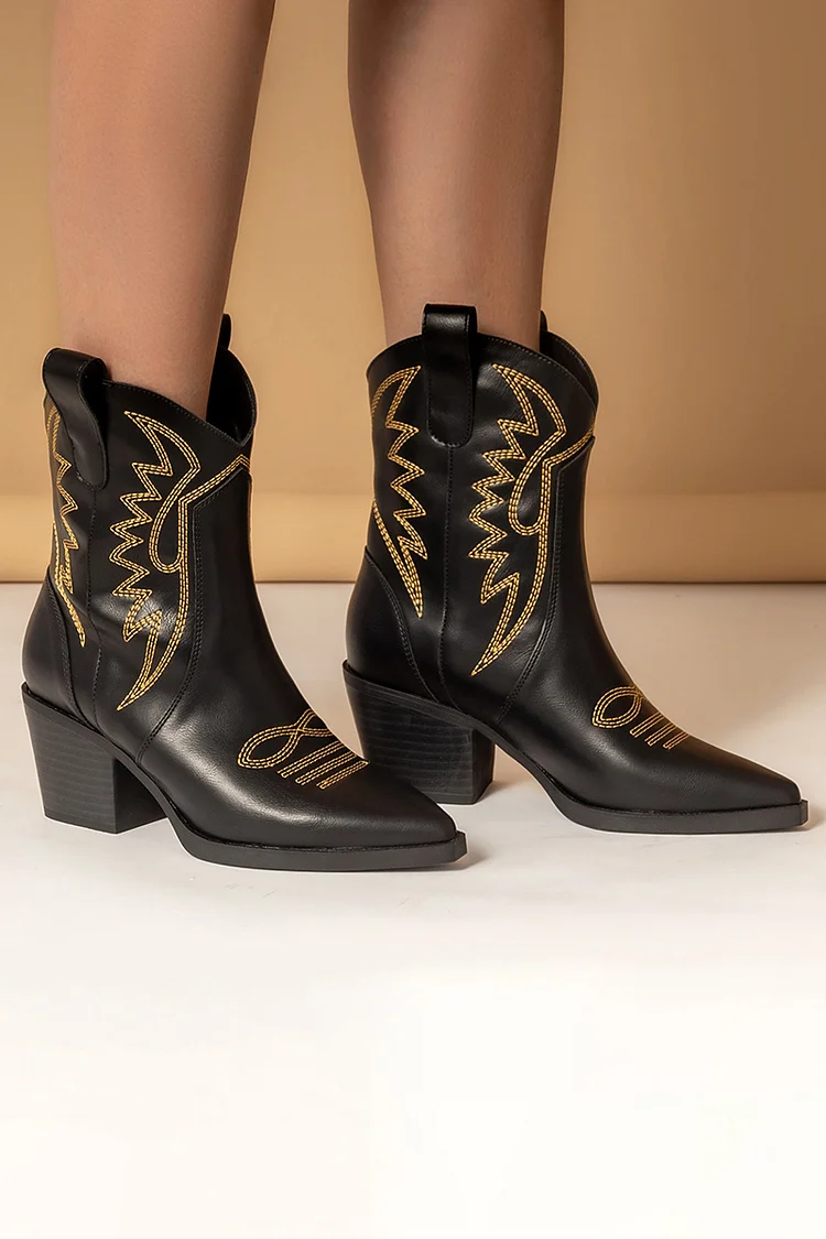 PU Leather Totem Stitching V Groove Ankle Boots