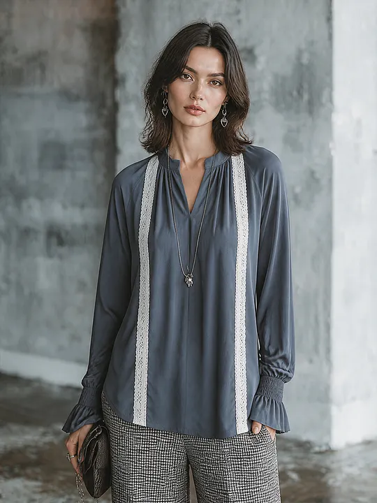 Women's Elegant Slate Blue Matte Satin Lace Trim Long Sleeve Top MD