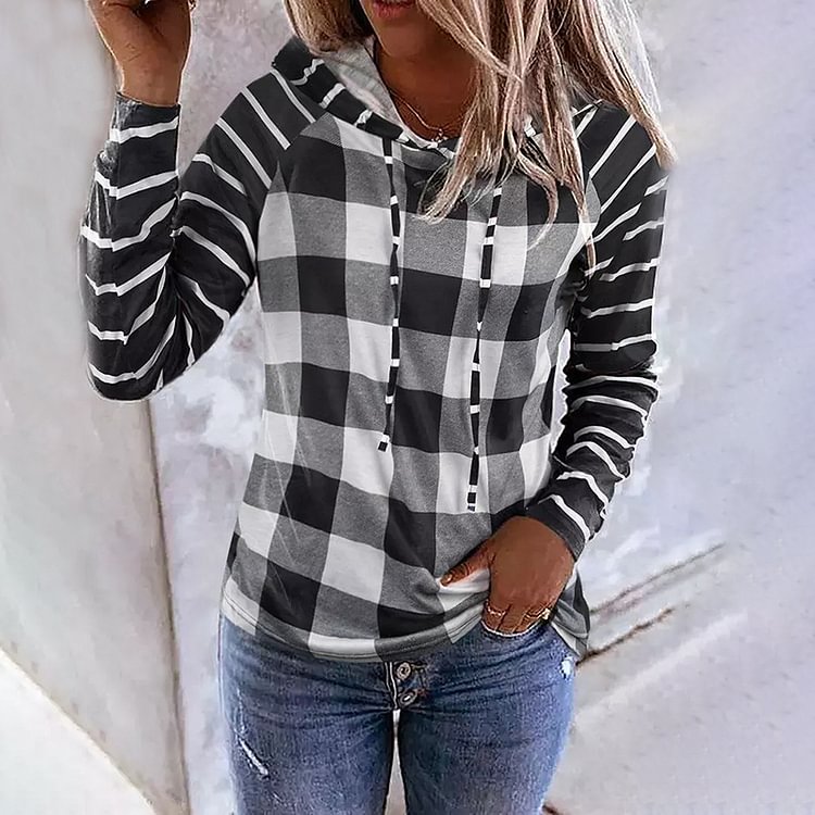Casual Check Panel Striped Hoodie