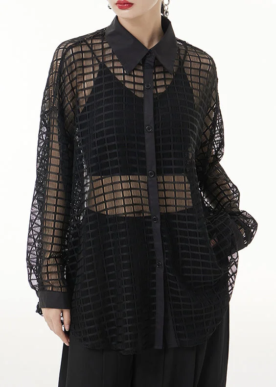 Sexy Black Peter Pan Collar Hollow Out Patchwork Lace Shirts Long Sleeve