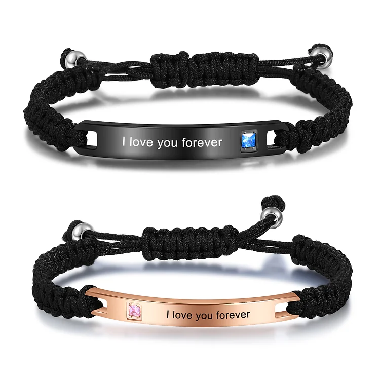 Personalized Couple Rope Braided Bracelet Engraved ID Bar Bracelet Set