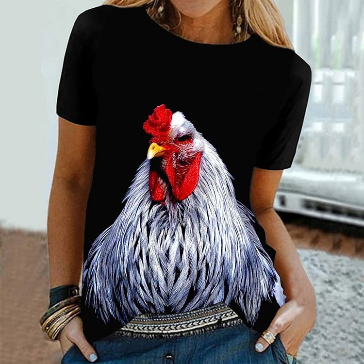 Vefave Casual Rooster Print Crew Neck T-Shirt