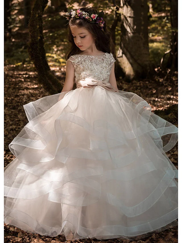 Daisda Ball Gown Sleeveless Jewel Neck Flower Girl Dresses Tulle  With Bow Solid