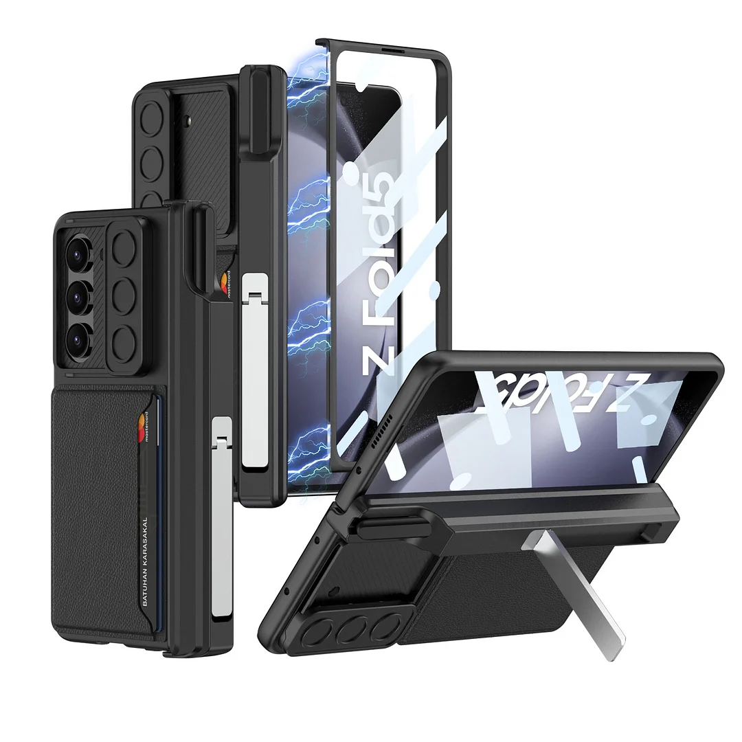 Luxury Leather Phone Case With Cards Slot,Lens Push Cover,Kickstand,Stylus,Stylus Slot,Screen Protector And Magnetic Hinge For Galaxy Z Fold5