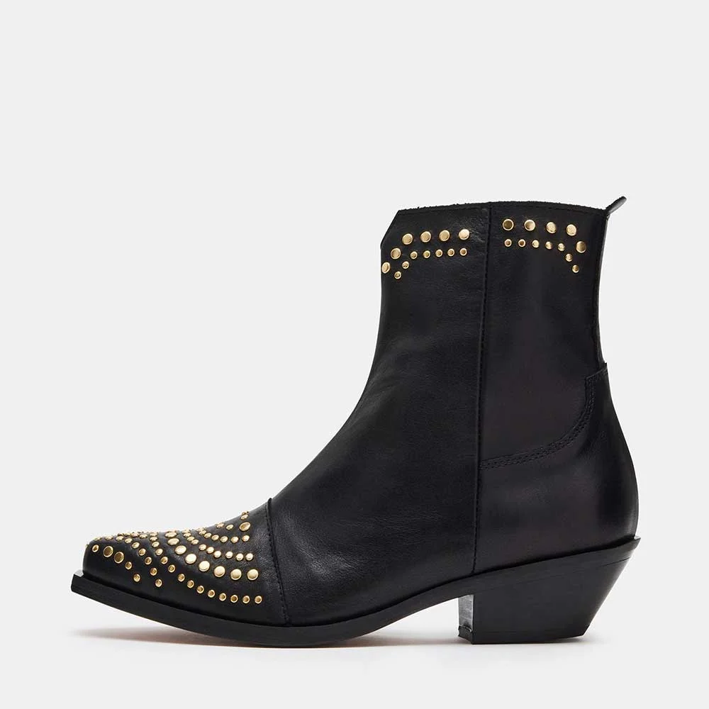 Black Snip Toe Side-Zipper Block Heel Studded Western Boots for Women Nicepairs