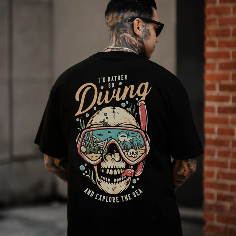 I'D RATHER GO DIVING Skull Sea Black Print T-shirt