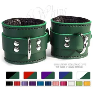 pornhint Pornhint Green Leather Cuffs - BDSM Bondage Restraints - Custom Made with Choice of Lining & Stitching Colour