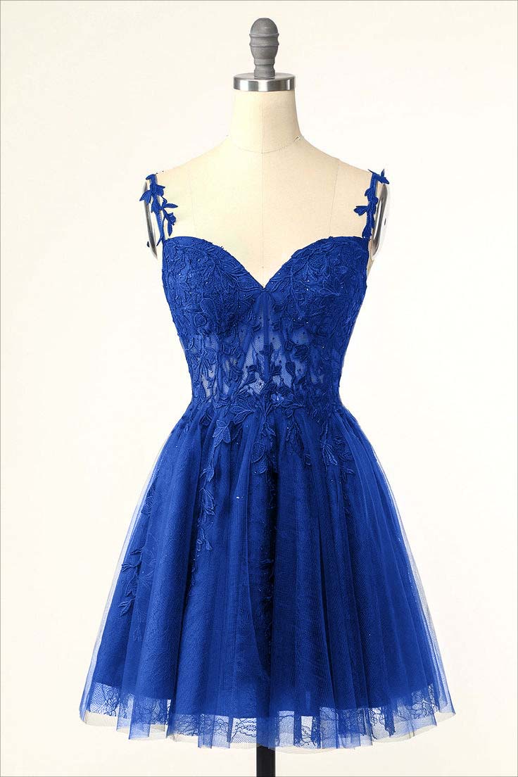 Daisda Charming Navy Blue Tulle V Neck Sleeveless Short Homecoming Dress with Applique