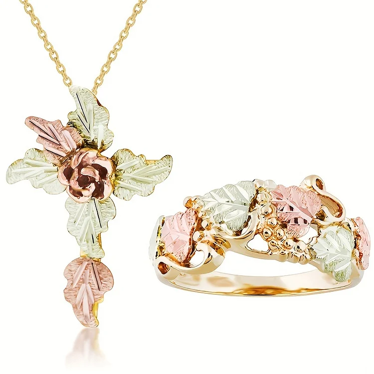  Elegant leaf design necklace and ring jewelry set VangoghDress