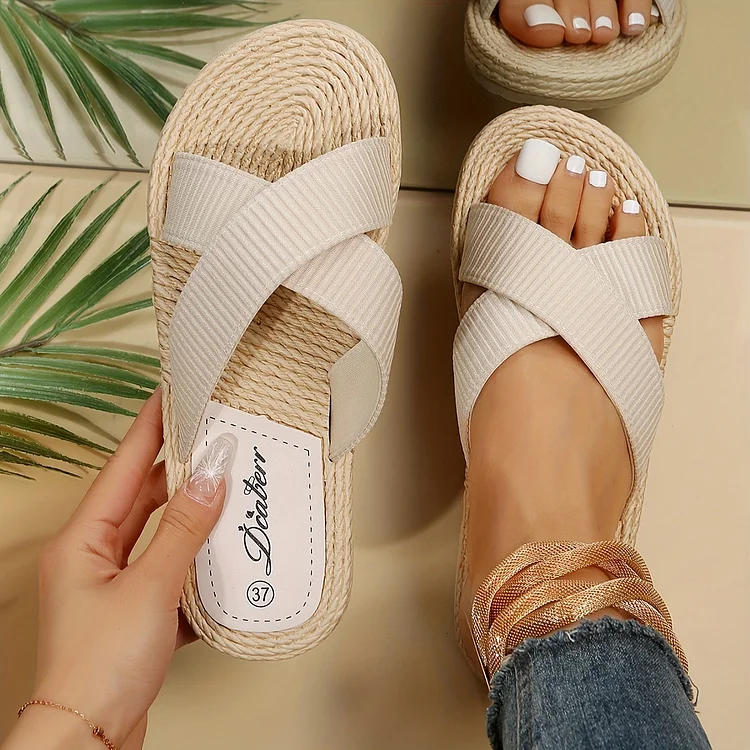 Women's Cross Strap Flat Slippers, Outdoor Espadrille Sole Beach Slide Sandals, Solid Color Flat Shoes
