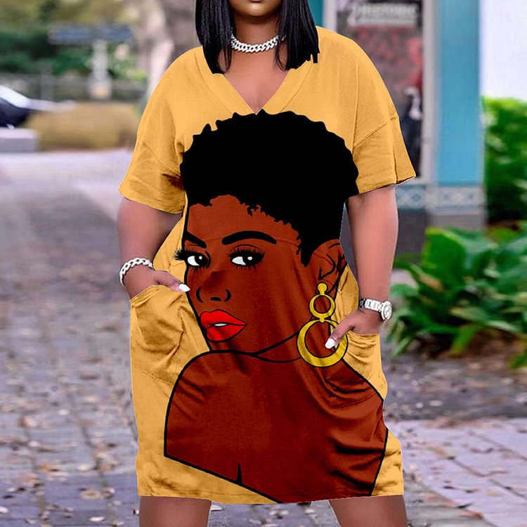 V-Neck Black Girl Print Midi Dress