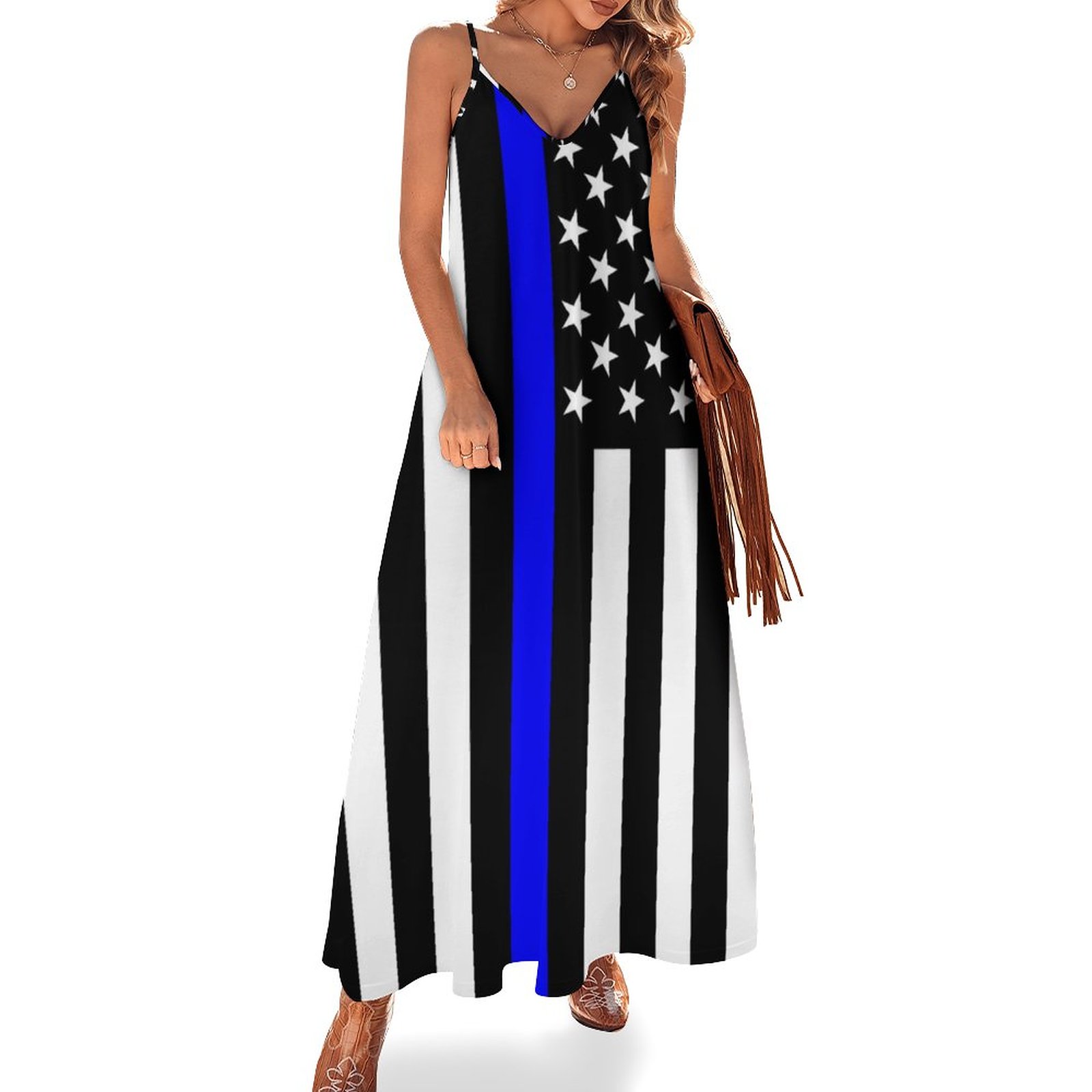 Thin Blue Line American Flag Graphic On Women's Casual Strappy V Neck Sleeveless Flowy Loose Long Maxi Beach Dress Sundress Blue-4XL Thin Blue Line American Flag Graphic On Women's Casual Strappy V Neck Sleeveless Flowy Loose Long Maxi Beach Dress Sundress Blue-4XL