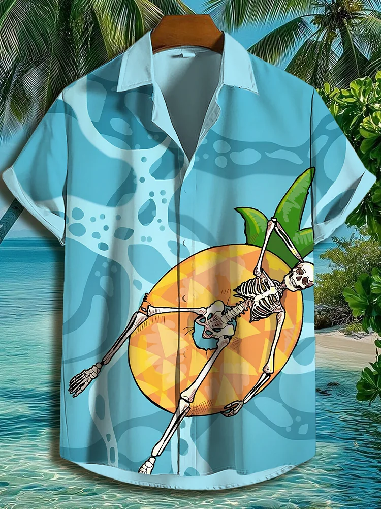 Men's Skeleton Pineapple Art Print Vacation Shirt