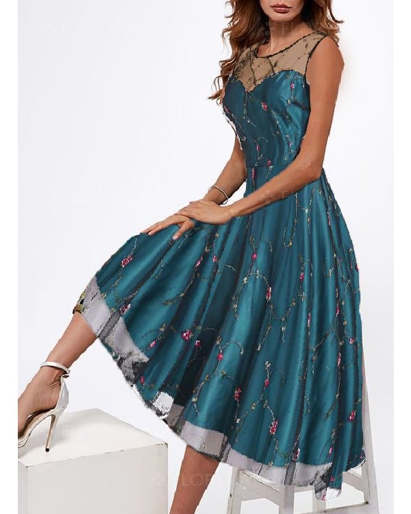 Off Shoulder Lace Mesh Waist Retro Dress - Chicaggo