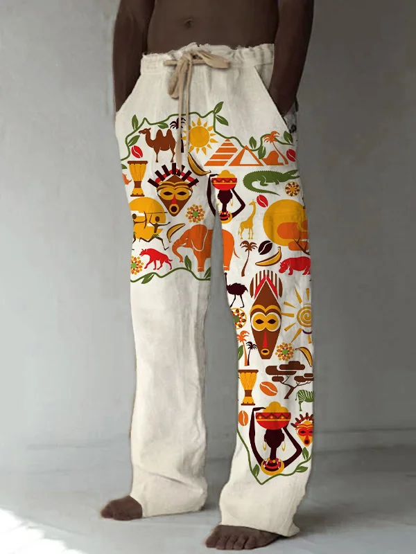 Men's African Elements Map Print Black History Month Casual Pants