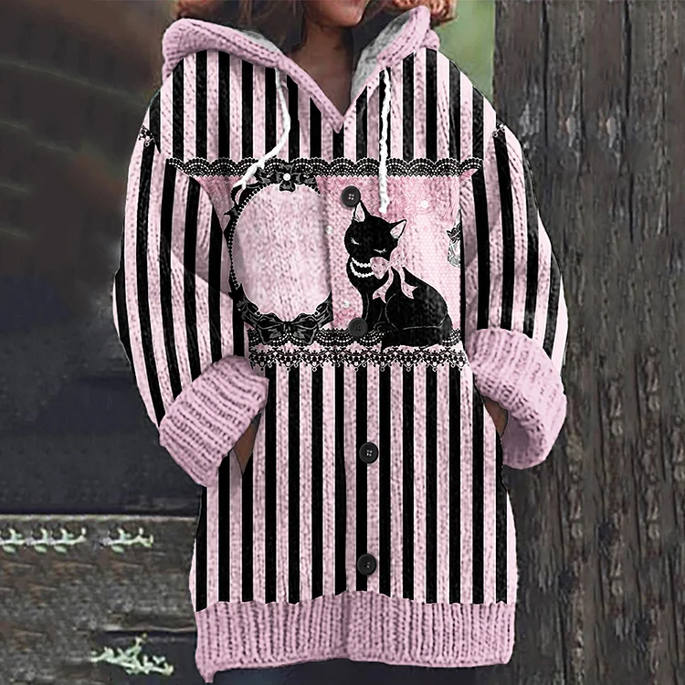 Casual Pink Striped Cat Print Women's Cardigan Sweater